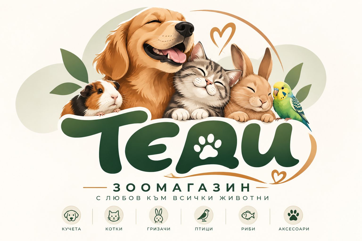 Лого на Зоомагазин Теди с куче, котка, зайче, морско свинче и папагал